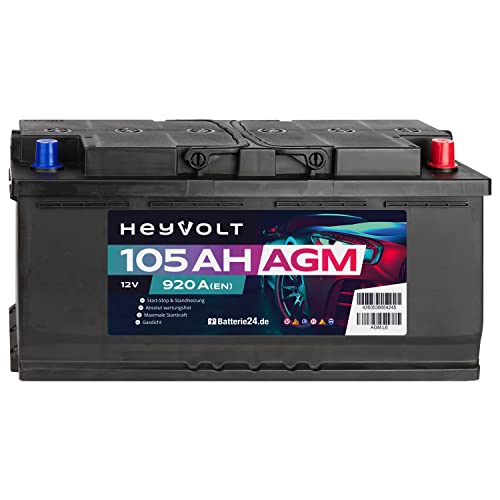 HeyVolt AGM Autobatterie 12V 105Ah 920A/EN Starterbatterie, Start-Stopp & Standheizung geeignet, absolut wartungsfrei