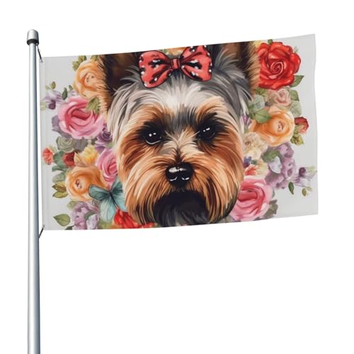 Yorkie-Flagge mit Blumenmuster, 1,5 x 2,4 m, Banner Dekoration mit 2 Ösen, Außendekorationen, HD-Druck, 200D, strapazierfähiges Polyester, Banner für Urlaub, Hof, große Flaggen für Innen- und