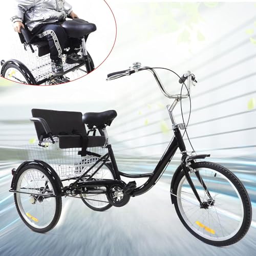 20 In Adult Tricycle 1 Speed Tricycle mit Korb|Kindersitzen Verstellbares 3 Rad Fahrrad Senioren Dreirad City Bikes Senioren Cruiser Bike mit Schutzblech für Outdoor Sport Shopping