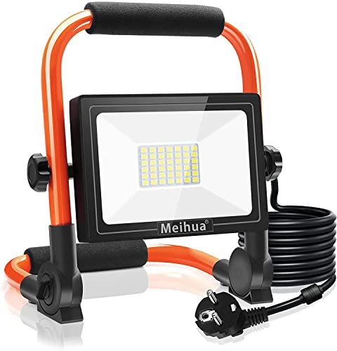 MEIHUA 30W LED Baustrahler 3400LM LED Strahler IP66 Wasserdicht Arbeitsleuchte 5M Kabel Flutlicht LED Fluter mit Stecker 6500K Kaltweiß Arbeitsscheinwerfer für Werkstatt Baustelle Garage