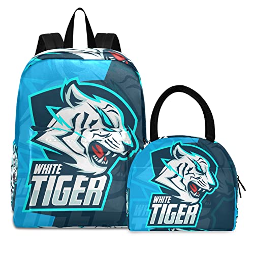 Blau-Weißes Tiger-Maskottchen Büchertasche Lunchpaket Set Schulter Rucksacks Bookbag Kinderrucksack Isolierte Lunchbox-Tasche für Mädchen Jungs