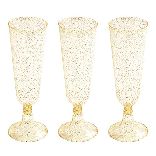 WELLIFE 50 Stück Gold Glitter Kunststoff Champagnerflöten, 156 ml Einweg-Champagnergläser für Champagner, Premium Kunststoff Toastflöten, perfekt für Hochzeit und Party