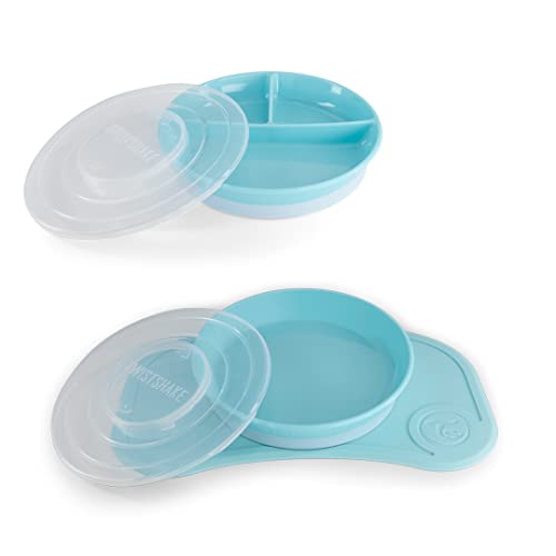 Twistshake Babygeschirrset Mini + Geteilter Teller | Baby-Saugteller + Baby-Platzset (31x17cm) + Geteilter Teller | BPA Frei | Esslernteller | Blau