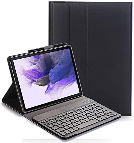 YHFZR Tastatur Hülle für Samsung Galaxy Tab S7 FE, [AZERTY] Ultradünn Flip Entfernbar Drahtloser Keyboardständer Ledertasche für Samsung Galaxy Tab S7 FE T730/T736B 12.4", Schwarz