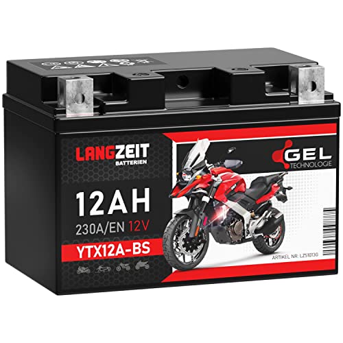 LANGZEIT YTX12A-BS GEL Motorradbatterie 12V 12Ah 230A/EN 51013 YTZ12S GT12A-BS CTX12A-BS Gel Batterie 12V doppelte Lebensdauer vorgeladen auslaufsicher wartungsfrei ersetzt 10Ah