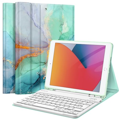 Fintie Tastatur Hülle für iPad 10.2 Zoll (9/8/ 7 Generation - 2021/2020/2019), Soft TPU Rückseite Gehäuse Schutzhülle mit Pencil Halter, magnetisch Abnehmbarer Tastatur mit QWERTZ Layout, Marmor Grün
