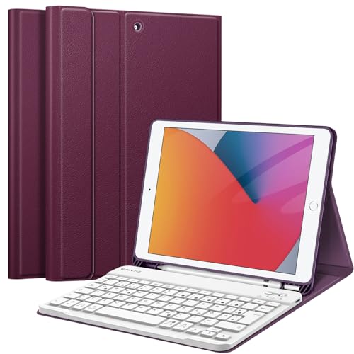 Fintie Tastatur Hülle für iPad 10.2 Zoll 7. Generation 2019, Soft TPU Rückseite Gehäuse Schutzhülle mit Pencil Halter, magnetisch Abnehmbarer Bluetooth Tastatur mit QWERTZ Layout, Lila
