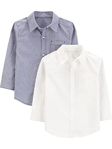 Simple Joys by Carter's Long-Sleeve Woven, Pack of 2 Button-Down-Shirt, Weiß/Marineblau/Streifen, 7 Jahre, 2er-Pack