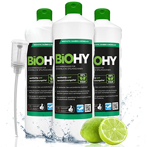 BiOHY Geschirrreiniger für gewerbliche Spülmaschinen (3x1l Flasche) + Dosierer | PHOSPHATFREI |Konzentrat für Gastronomie | strahlender Glanz durch herausragende Fettlöseformel