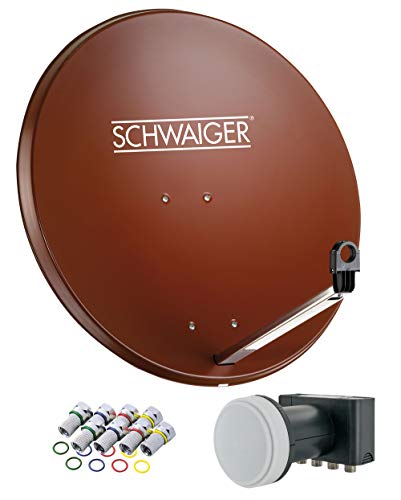 SCHWAIGER -524- Sat Anlage, Satellitenschüssel mit Quad LNB (digital) & 8 F-Steckern 7 mm, Sat Antenne aus Stahl, Ziegelrot, 75 x 85 cm
