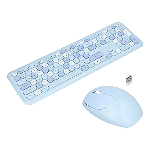Kabellose Tastatur- und Maus-Sets,Retro-Style-Tastatur mit Runden Tastenkappen,2,4 GHz Leise Ergonomische Maus Lange Akkulaufzeit für Windows,Notebook,PC,Süße Tastatur für(Blauer Mischfarbenanzug)