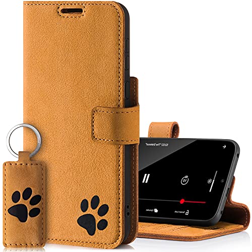 SURAZO Prestige Handyhülle für Apple iPhone 13 Mini – Echtleder Hülle mit Pfote Motiv – Wildleder Klapphülle mit Standfunktion, Kartenfach und Schlüsselring - Handmade RFID Schutzhülle (Camel)