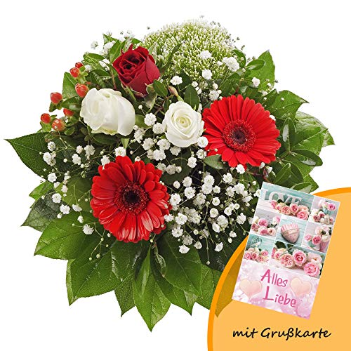 Dominik Blumen und Pflanzen, Blumenstrauß "Gruß von Herzen" mit Rosen, Gerbera und Johanniskraut und Grußkarte "Alles Liebe"