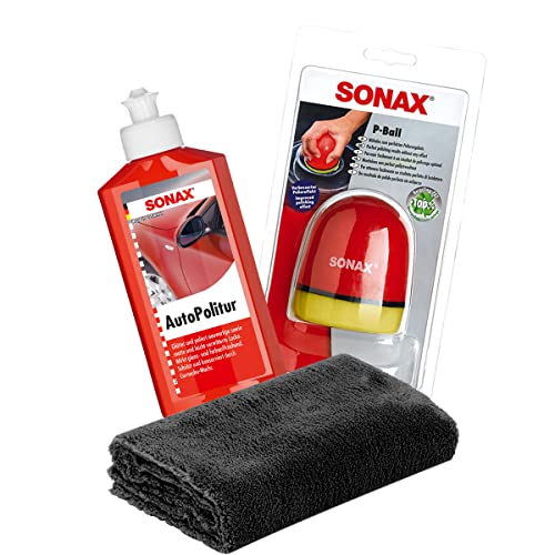 detailmate SONAX Hand Polier Set: SONAX Autopolitur für Bunt- und Metalliclacke 250ml + SONAX P-Ball ergonomischer Polier Ball Edgeless Superflausch Mikrofaser Poliertuch 40x40cm, 550GSM