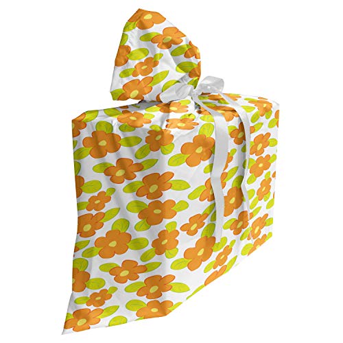 ABAKUHAUS Orange Baby Shower Geschänksverpackung aus Stoff, Kind-Mädchen-Doodle Floral, 3x Bändern Wiederbenutzbar, 70 x 80 cm, Apfel, Grün, Orange
