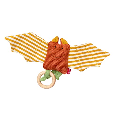 SIGIKID 39673 Strick-Greifling Fledermaus Knitted Love, Babyspielzeug aus Baumwollstrick mit Holzring und Rassel, zum Greifen, Hören und Spielen für Babys von 3-12 Monaten, Orange, 8x34x3 cm