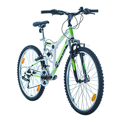 Multibrand Probike Extreme 26 Zoll Mountainbike Vollfederung Shimano 18 Gang, Herren-Fahrrad & Damen-Fahrrad, geeignet ab 155 – 180 cm (Weiß matt grün)