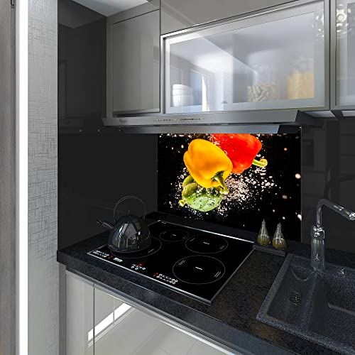 Spritzschutz, Panel Küche, gehärtetes Glas, Pfeffer im Wasser auf schwarzem Hintergrund, jede Größe, Va Art Glas (Breite 60 x Höhe 80 cm)