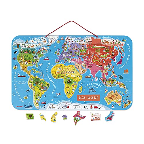 Janod J05500 Puzzle Magnetische Landkarte Die Welt aus Holz 92 Teile, Französisch