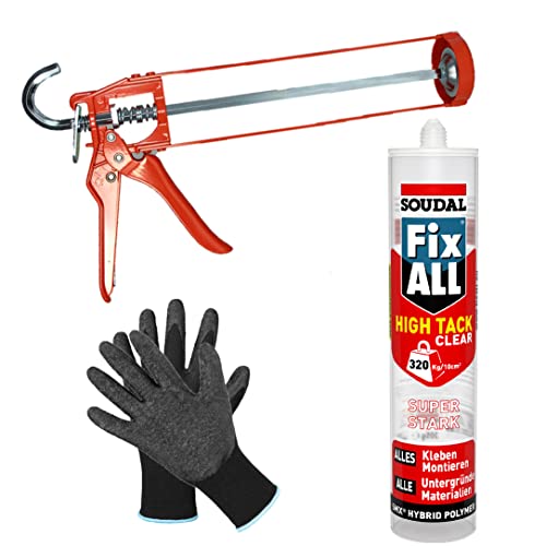 SOUDAL Fix All High Tack CLEAR 12 x 305g + Skelettpistole + Finegrip Handschuh