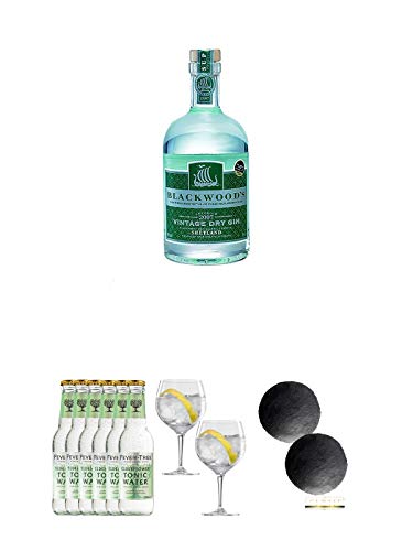 Blackwoods Vintage Dry Gin 40% 0,7 Liter + Fever Tree Elderflower Tonic Water 6 x 0,2 Liter + Spiegelau Gin & Tonic 4390179 2 Gläser + Schiefer Glasuntersetzer RUND ca. 2 x 9,5 cm Durchmesser