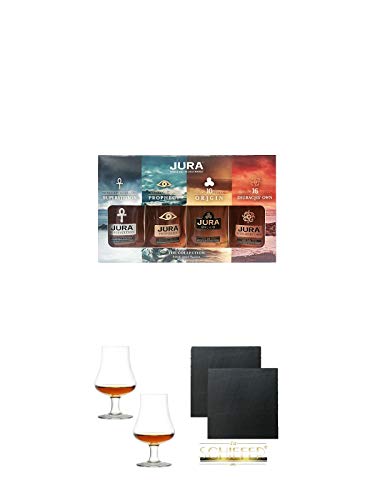 Isle of Jura Collection 4 x 5 cl in Geschenkpackung + Stölzle Nosingglas für Whisky 2 Gläser - 1610031 + Schiefer Glasuntersetzer eckig ca. 9,5 cm Ø 2 Stück