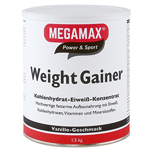 Megamax Weight Gainer Vanille 1,5 kg 0,5% Fett | Vitamine, hochwertige Kohlenhydrate & Proteine ideal für HardGainer u. Untergewicht | Aufbaunahrung für Massephase, Masseaufbau & Zunehmen