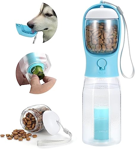 ERKIES Hundewasserflasche, Multifunktionale tragbare Hundewasserflasche, mit 100g Hundefutterbecher und Kotbeutel, für Haustiere beim Wandern (600ml, Blau)