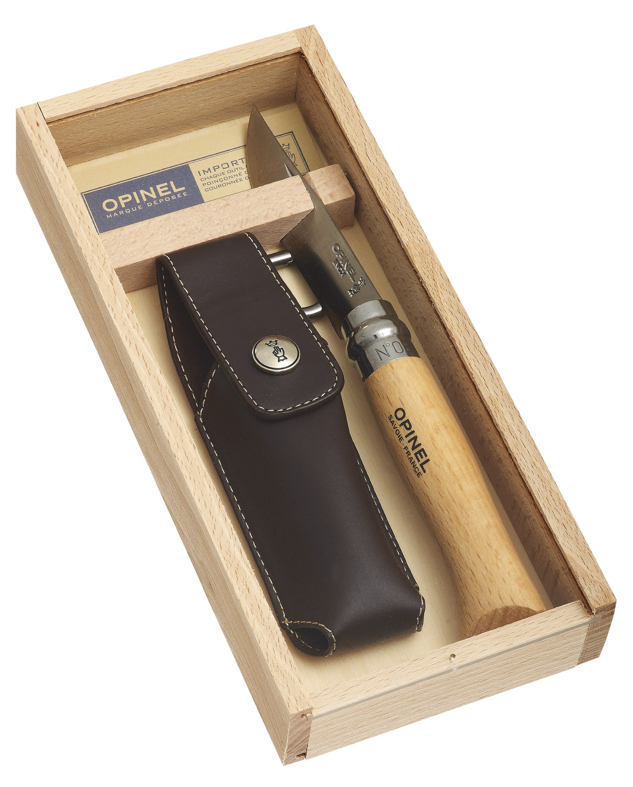 Opinel Opinel-Messer, Größe 8, modifizierter Sandvik Stahl 12C27 (rostfrei), Buchenholzgriff, Kunstleder-Etui mit Karabinerhaken, Holzbox