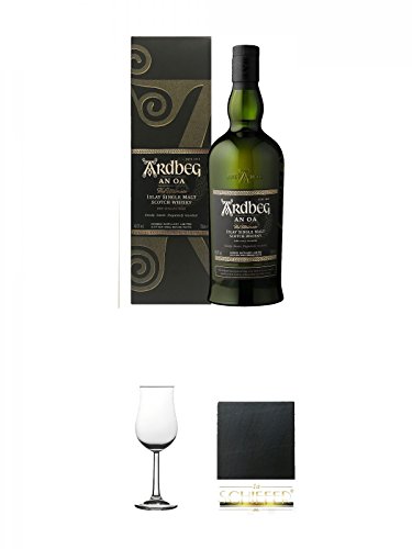 Ardbeg AN OA 46,6 Islay Single Malt Whisky 0,7 Liter + Whisky Nosing Gläser Kelchglas Bugatti mit Eichstrich 2cl und 4cl 1 Stück + Schiefer Glasuntersetzer eckig ca. 9,5 cm Durchmesser