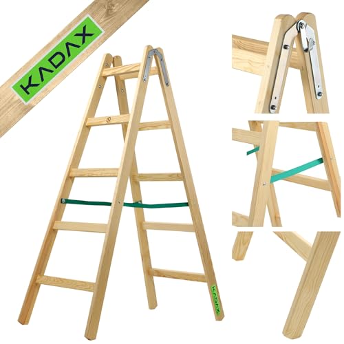 KADAX Holzleiter, Bockleiter bis 150 kg, klappbare Malerleiter, Doppelstufenleiter mit Stahlhaken, Elektrikerleiter, Stehleiter, Haushaltsleiter (5 Stufen)