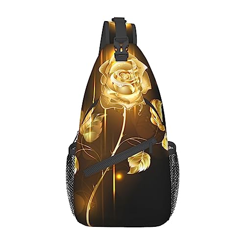 Schulterrucksack mit goldfarbenem Rosen-Druck, leicht, faltbar, Umhängetasche, wasserabweisend, für den täglichen Gebrauch, Schwarz , Einheitsgröße