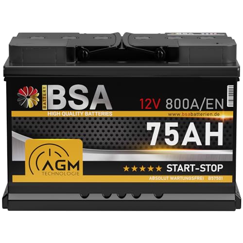 BSA AGM Batterie 75Ah 12V 800A/EN Start-Stop Batterie Autobatterie VRLA statt 70Ah