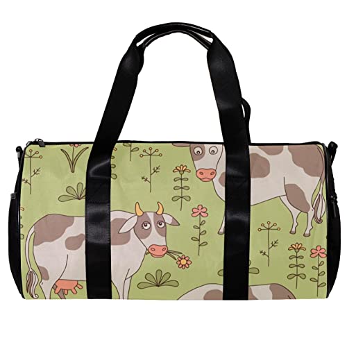 Runde Gym Sport Duffel Tasche mit abnehmbarem Schultergurt Kühe, Stier und Blumen im Stil von Cartoon Training Handtasche Übernachtungstasche für Damen und Herren, mehrfarbig, 45x23x23cm/17.7x9x9in