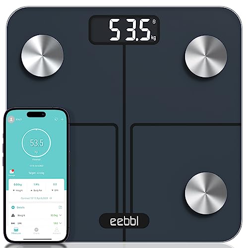 EEBBL Körperfettwaage Digital Personenwaagen Bluetooth Körperanalysewaage mit App, Die Messwerte können mit Apple iPad Samsung Health, Fitbit, Apple Health und Google Fit synchronisiert werden,Schwarz