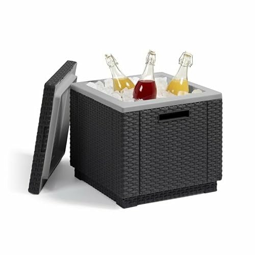 Koll Living Kühlbox Ice Cube - kühle Getränke & Sitzgelegenheit in Einem - als Hocker oder Beistelltisch - ansprechende Rattanoptik (Graphit)
