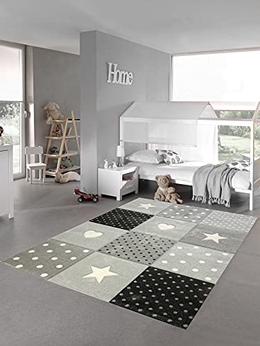 Kinderzimmer Teppich Spielteppich Herz Stern Punkte Design Creme schwarz grau Größe 160x230 cm