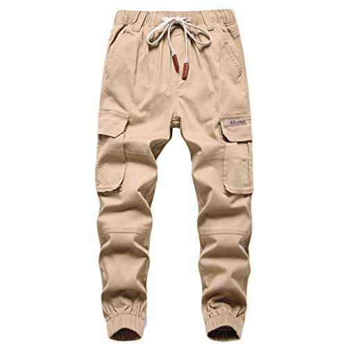 YOUJIAA Jungen Jogginghose Elastische Taille Sporthose Atmungsaktiv Cargohose Kinder Hose mit Kordelzug (Khaki, 170)