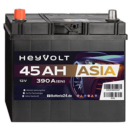 HeyVolt Asia Autobatterie 12V 45Ah 390A/EN Starterbatterie, absolut wartungsfrei, Pluspol Links