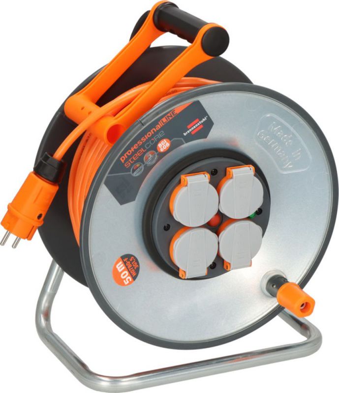 Brennenstuhl SteelCore 50 m Profi-Kabeltrommel Verlängerung mit Schutzkontakt-Stecker und 4 x Schutzkontakt-Steckdosen - Einsatz auf Baustellen und Außenbereich - IP44 - Signalfarbe orange