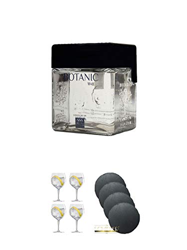 Botanic Premium (weiss) Dry Gin 0,7 Liter + Spiegelau Gin & Tonic 4390179 4 Gläser + Schiefer Glasuntersetzer rund 4 x ca. 9,5 cm Durchmesser
