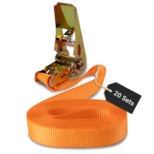 Rapid Spanngurte mit Ratsche 20 Stück - 25mm x 4m einteilig/bis zu 800kg belastbarer reißfester Zurrgurt/schnelle und sichere Zurrgurte mit Ratsche orange/Zurrschlaufen für 800 daN (0,8t)