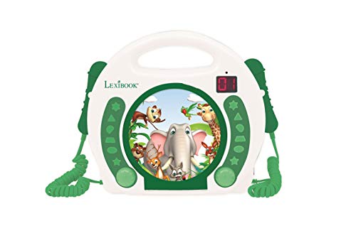 Lexibook RCDK100ANX Animals Tragbarer CD Mikrofonen, Musik-Player, Wiederholung und Programmierung, Dschungel, Karaoke, Kopfhöreranschluss, für Kinder, Jungen, Mädchen, Weiß/Grün