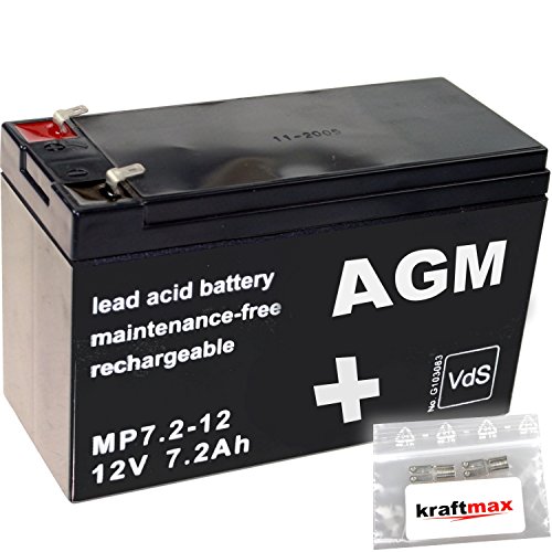 kraftmax 2X AGM 12V / 7,2Ah Blei-Akku - MP7,2-12 [ Faston 4,8 ] VDs geprüft - inkl. 2X Original Anschluß-Adapter