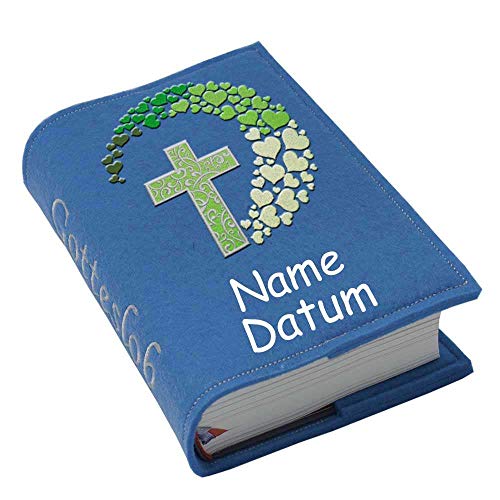 Gotteslob Gotteslobhülle Hülle Kreuz Herzen grün Filz Namen bestickt Einband Umschlag personalisierte Gesangbuchhülle, Farbe:blau