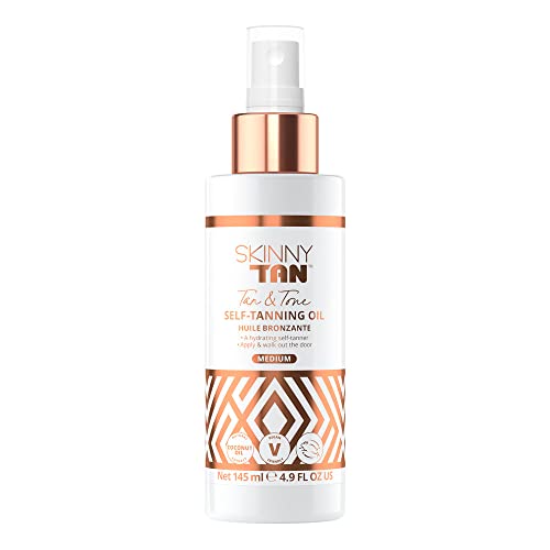 Skinny Tan Tan and Tone Self-Tanning Oil - Spritz, Go, and Glow - No Need to Rinse - Hydrating and Toning Formula - For Healthier Looking Skin - Blurs Appearance of Stretch Marks - Medium - 4.9 oz