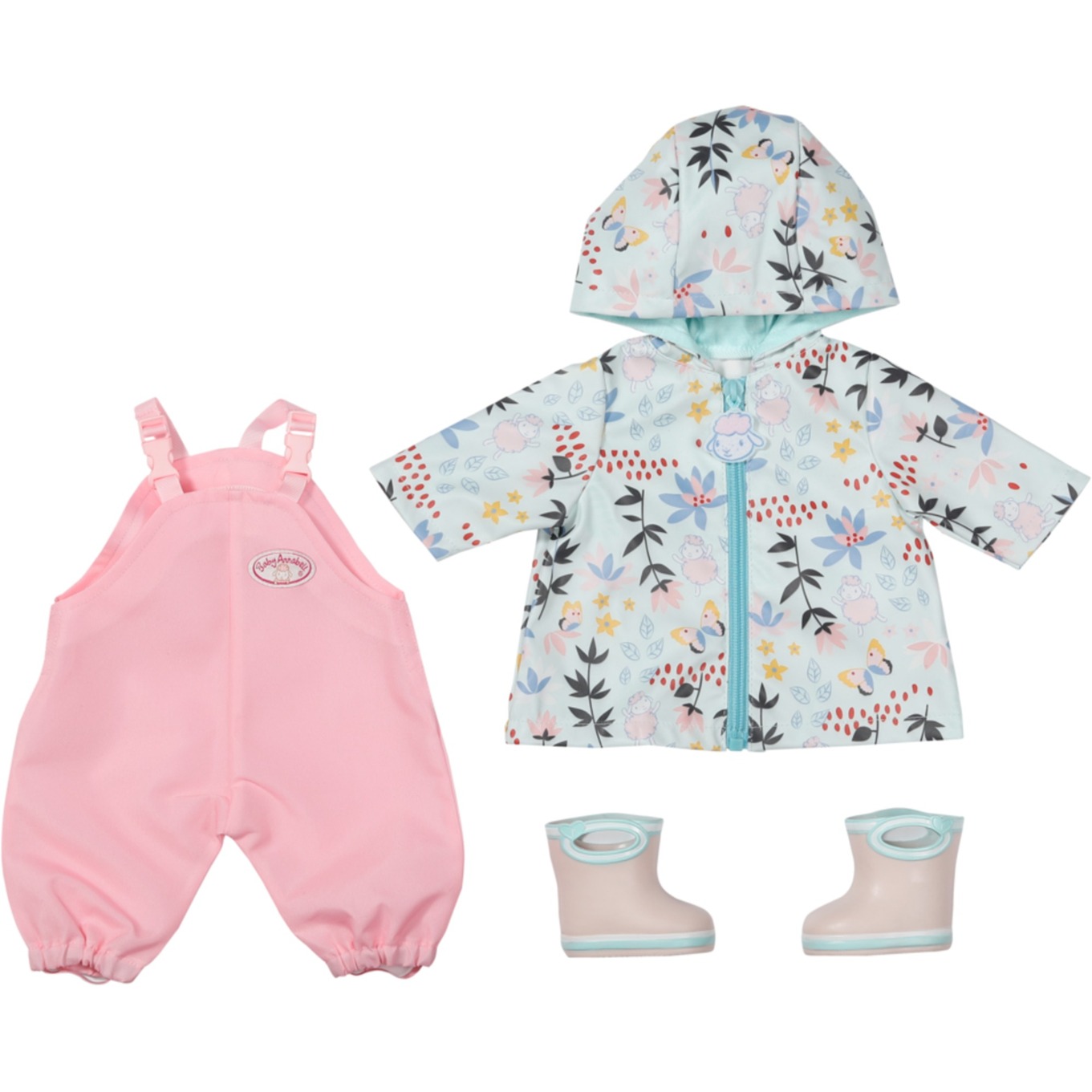 Baby Annabell Zapf Creation 706718 Deluxe Regen 43cm-Regenkleidung für Puppen 3-teiliges Set bestehend aus Matschhose, Regenmantel und Gummistiefeln in rosa und Mint