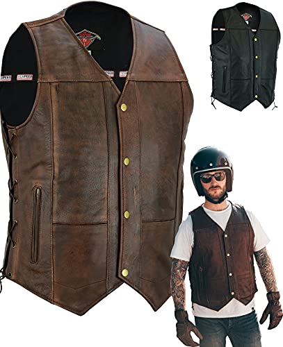 TEXPEED motorrad leder weste herren - Chopper biker rocker lederweste - Reißverschlusstaschen mit geschnürt rindleder top-grain echtleder - Braun - (10XL)