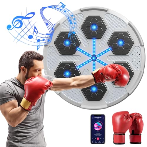 Vulaop Musik-Boxmaschine,Smart Music Electronic Boxing Machine mit 6 Lichtern und Bluetooth-Sensor, USB Wiederaufladbar Boxmaschine für Agility Training Wall Mounted Boxing Machine (Weiß+Handschuh)
