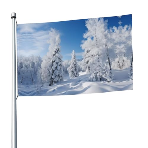 Schneebedeckte Winterbäume-Flagge, 1,5 x 2,4 m, Banner Dekoration mit 2 Ösen, Außendekorationen, HD-Druck, 200D strapazierfähiges Polyester, Banner für Urlaub, Hof, große Flaggen für Innen- und